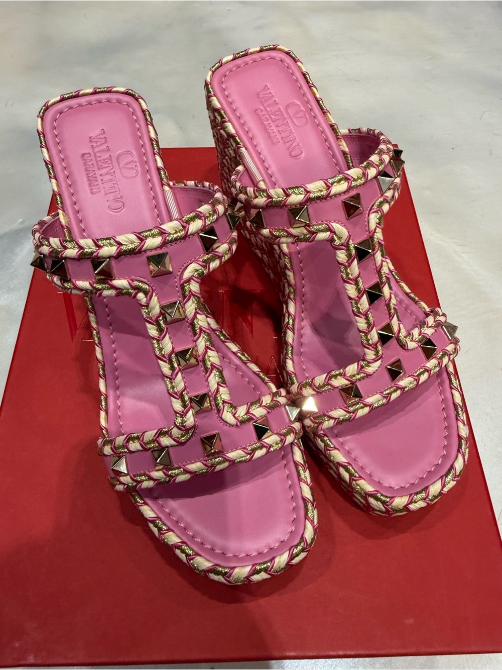 Valentino Garavani Pink Braided Studded Slide Heels